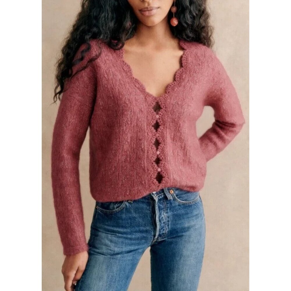 Sézane Anaelle Dark Rosewood Mohair Wool Blend Knit Cardigan